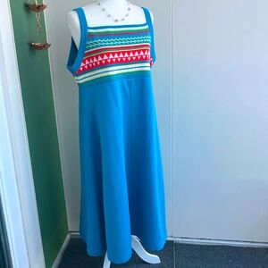 Vintage 70s Volup Blue and Red Geometric Print Polyester Sundress